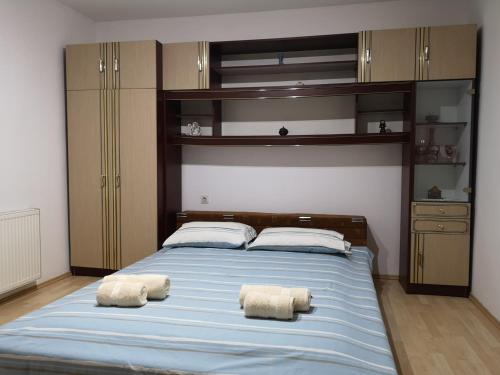 1 dormitorio con 1 cama grande y 2 toallas. en Apartmani Stanikić en Kostol