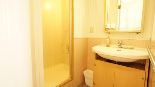 a bathroom with a sink and a shower at House Ikebukuro in Tokyo