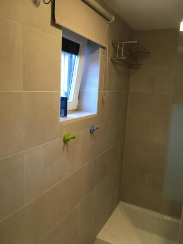 een badkamer met een douche en een raam bij Duinenhof in Middelkerke