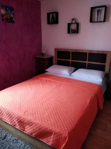 two beds in a bedroom with a red bedspread at Casa Mamei in Suceava