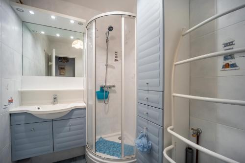 een badkamer met een douche en een wastafel bij Le Pavois - appartement à 50 mètres de la mer in Bernières-sur-Mer