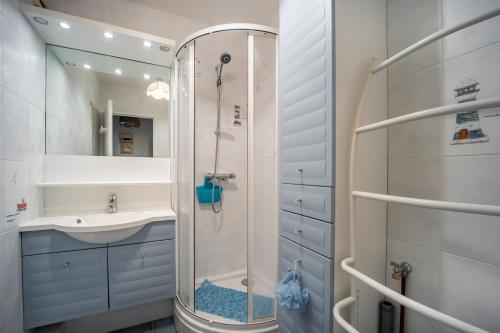a bathroom with a shower and a sink at Le Pavois - appartement à 50 mètres de la mer in Bernières-sur-Mer