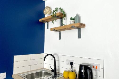 a kitchen with a sink and a blue wall at Stylish, cosy studio in Carmarthen town centre in Carmarthen