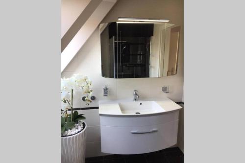 a bathroom with a sink and a mirror at Ferienwohnung Herzmuschel in Aventoft