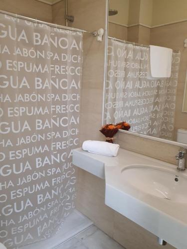 łazienka z umywalką i lustrem w obiekcie Habitaciones Casa Sevillana Centro w Sewilli