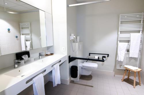 a bathroom with a sink and a toilet and a mirror at Domein Polderwind in Zuienkerke