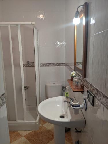 a white bathroom with a shower and a sink at Hostal Moraima in Capileira