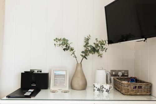 a vase with a plant in it sitting on a counter at Sea View Snugs at Laggan in Gatehouse of Fleet