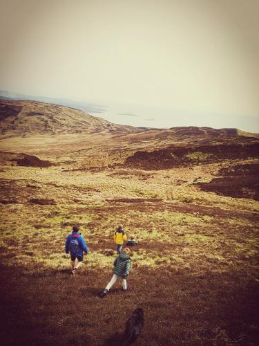 a group of three people playing with a frisbee in a field at Sea View Snugs at Laggan in Gatehouse of Fleet
