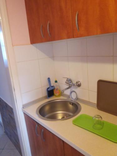 a kitchen sink with a green tray next to it at Vila Verona Sobe in Palić