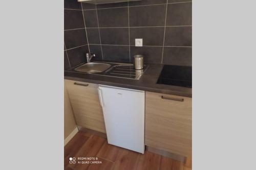 une cuisine avec un évier et un plan de travail dans l'établissement Charmant studio avec piscine et clim (en été), à Aix-en-Provence