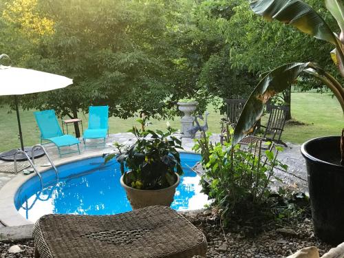 - une piscine avec des chaises bleues et une table dans l'établissement Le Peyrail, à Les Lèves-et-Thoumeyragues