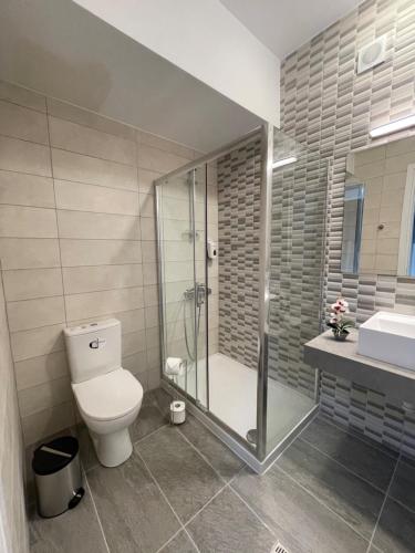 a bathroom with a toilet and a shower and a sink at La Veranda Hotel in Larnaka