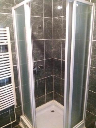 a shower with a glass door in a bathroom at Vila Verona Sobe in Palić
