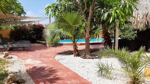 a swimming pool in a garden with palm trees at B&B Casa Trankilo in Kralendijk