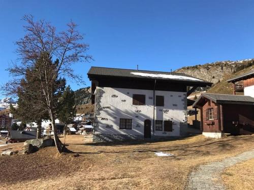 a white building with a tree in front of it at Schönegg Hochparterre in Riederalp
