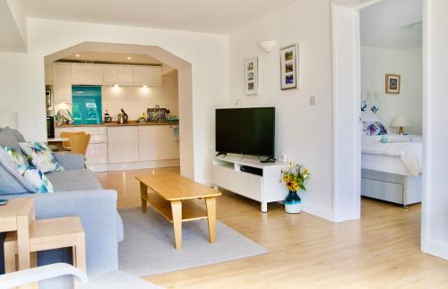 ein Wohnzimmer mit einem blauen Sofa und einem Fernseher in der Unterkunft Malvern Holiday- Garden Flat in Great Malvern