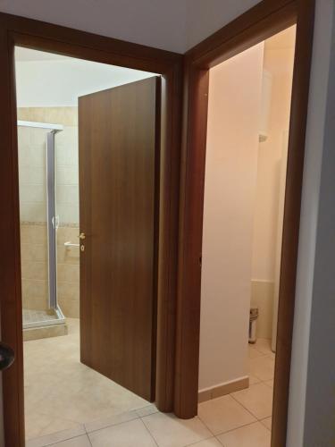 a bathroom with a wooden door and a shower at Casa di Anna in Todi