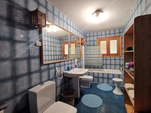 uma casa de banho em azulejos azuis com um lavatório e um WC em Casa Rural Castellanos em Huelamos