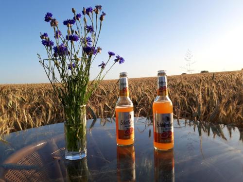 two bottles of beer on a table with a vase of flowers at Ein Bett im Kornfeld - Haus Fernweh - Innenpool in Schönfeld