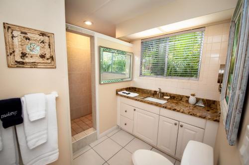 a bathroom with a toilet and a sink and a shower at Cedar Cove Resort & Cottages in Holmes Beach