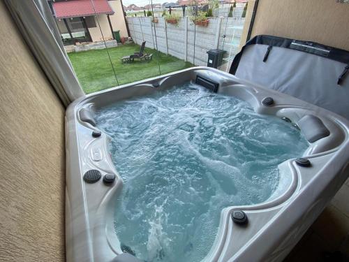 eine Whirlpool-Badewanne in einem Zimmer mit Fenster in der Unterkunft Sia & Sophie 's House in Sîntandrei