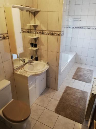 a bathroom with a sink and a shower and a toilet at Casinha de Nogueirinha in Macedo de Cavaleiros