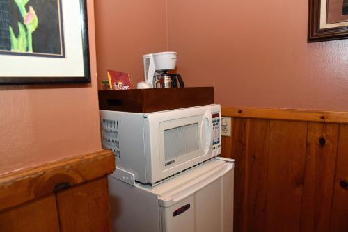 a microwave sitting on top of a refrigerator at The Kern Lodge in Kernville
