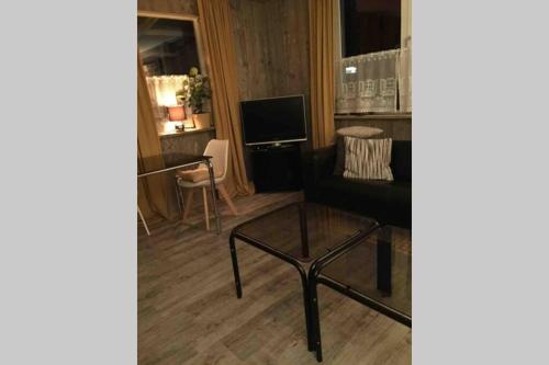 a living room with a black couch and a table at Ruime Chalet i/h bos met grote tuin en zwembad in Enschede