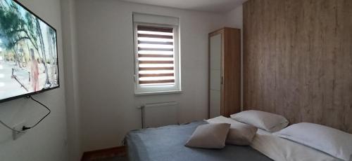 Schlafzimmer mit einem Bett, einem TV und einem Fenster in der Unterkunft Apartman N&N in Vrnjačka Banja