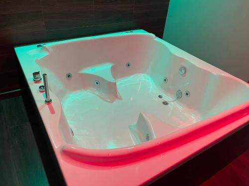 une baignoire rose avec deux canards dans l'établissement Aparthotel Arenteiro, à Carballino