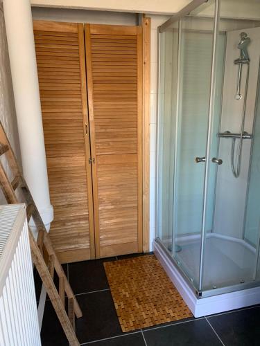 a shower with a glass door in a bathroom at Le petit blanc in De Haan