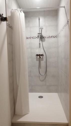 une salle de bain avec une douche avec un rideau de douche dans l'établissement La Grange à outeaux, à Montpont-en-Bresse