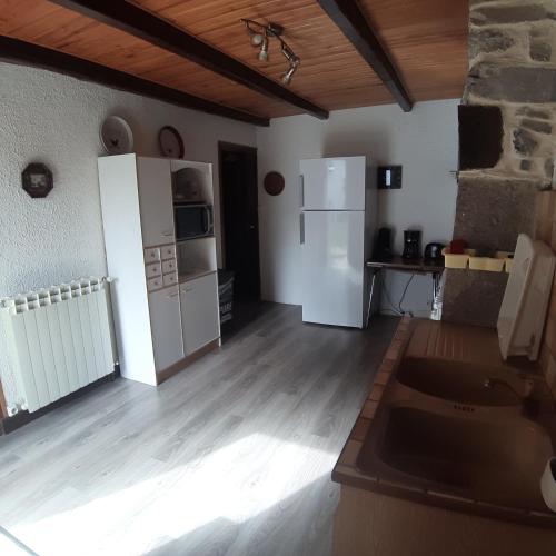 Il comprend une cuisine équipée d'un réfrigérateur blanc et d'une cuisinière. dans l'établissement Chez Grand-Mère, à Le Monteil