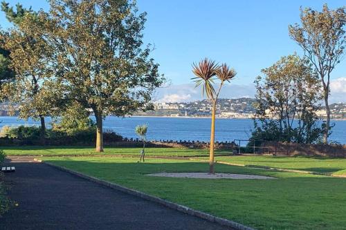 a palm tree in a park next to the water at DEVON BEACH STATION in Paignton