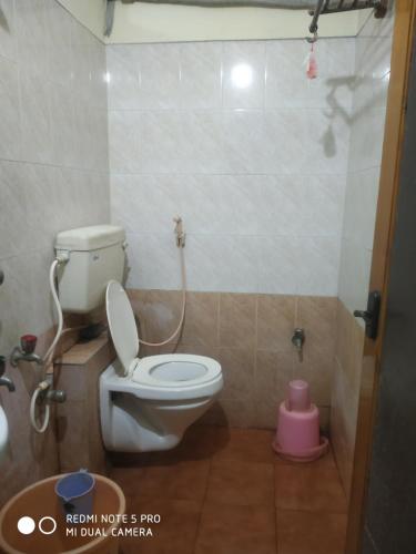 a bathroom with a toilet and a pink plunger at Hotel Temple View Annex in Madurai