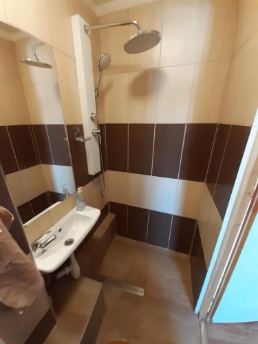 y baño con lavabo y ducha. en Nárcisz apartman, en Gyula