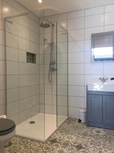 a bathroom with a shower with a toilet and a sink at Braeside Bothy in Dunvegan