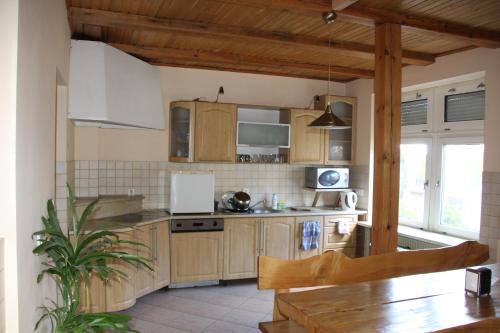 una cocina con armarios de madera y una mesa con una planta en Pensjonacik ELMI, en Giżycko