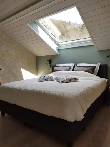 ヴレス・シュル・スモワにあるB&B Le Nid Doux (Vresse-Sur-Semois/Chairière)の天窓付きの大きなベッドのある寝室