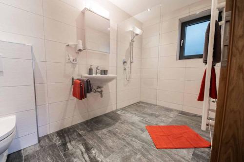 uma casa de banho com um lavatório, um WC e um chuveiro em Ferienwohnung Alpenland - schönes, neues Apartment em Neustift im Stubaital