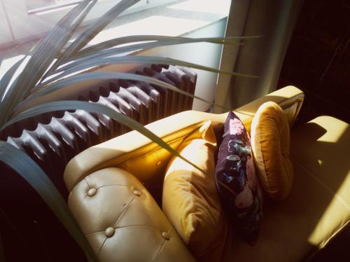 - un canapé avec des oreillers à côté d'une fenêtre dans l'établissement Retro Parisian Apartment - Spacious 75m2 and fully equipped - Fabulous location IN city center, à Namur