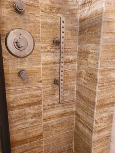 a shower with a glass door with a metal handle at La Romantique in Paris