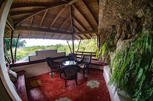 a patio with chairs and a table and a tree at Paraiso Caño Hondo in Los Guineos Perdidos