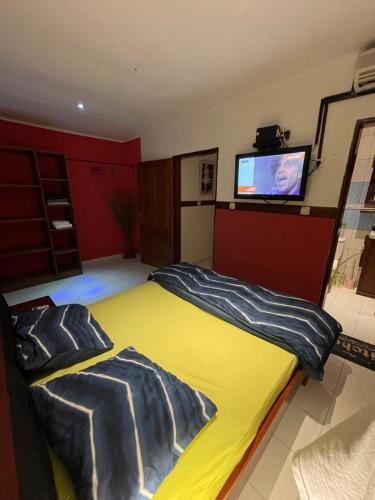 a bedroom with a bed and a tv on the wall at Homestay Studio in Yaoundé