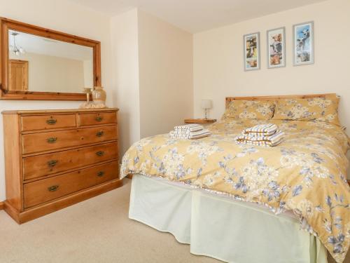 a bedroom with a bed with a dresser and a mirror at Mynheer Farm Bowji in Redruth