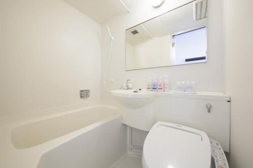 Fuchu Urban Hotel Annex في فوتشو: حمام ابيض مع مرحاض ومغسلة
