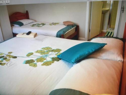 a bedroom with two twin beds with blue pillows at Room in Guest room - Comfortable Family room with Tv, Free Fast Wifi, Sleeps 4 with 1 Bunk Bed in Hayes