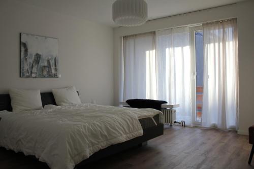 1 dormitorio con cama y ventana grande en Dorfklatsch Ferienwohnung, en Emmetten