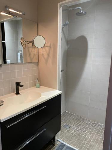 a bathroom with a sink and a shower at Secret Garden Port Nature Village Naturisme 3 étoiles in Cap d'Agde